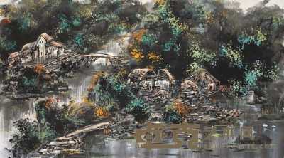 王维宝 乙亥（1995）年作 山村景色 立轴 53.5×96cm